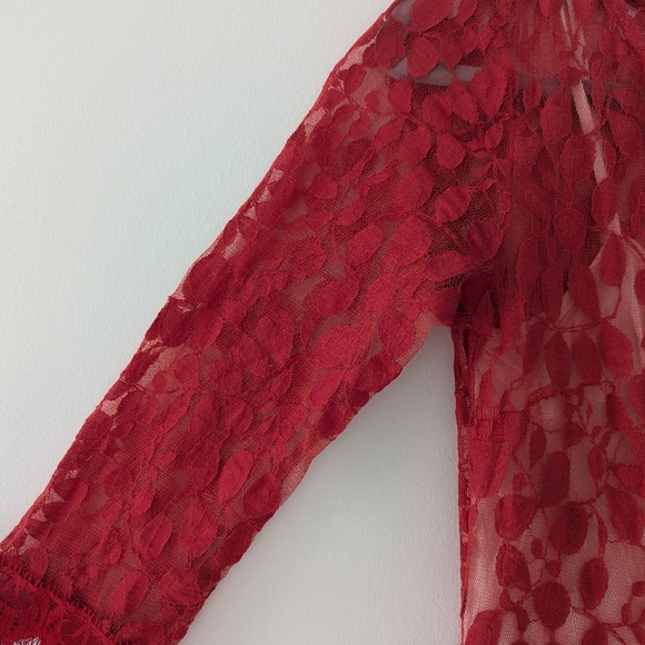 Free People Floral Embroidered Mesh Lace Mini Dress Pleated Red Women's Size 4 - Picture 7 of 13